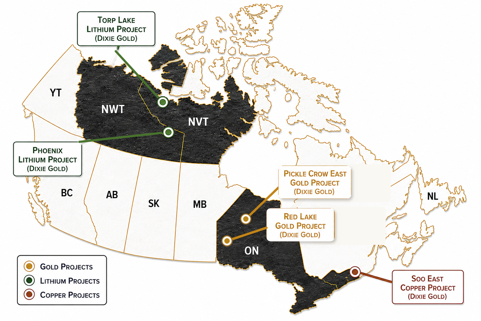 Map of Dixie Gold projects across Canada