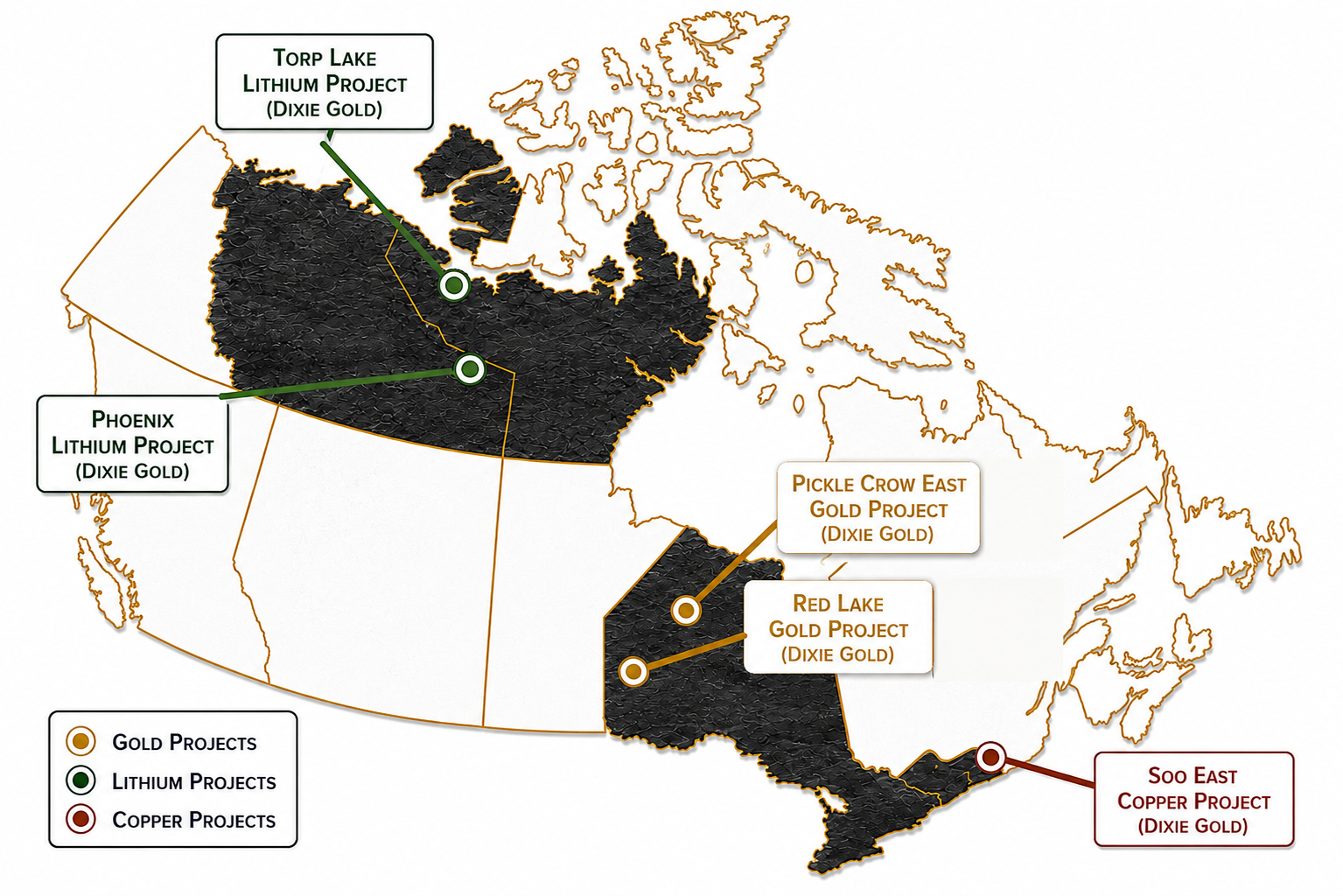 Dixie Gold Inc. claims map showing Torp Lake, Phoenix, Pickle Crow East, Red Lake and Soo East projects across Canada