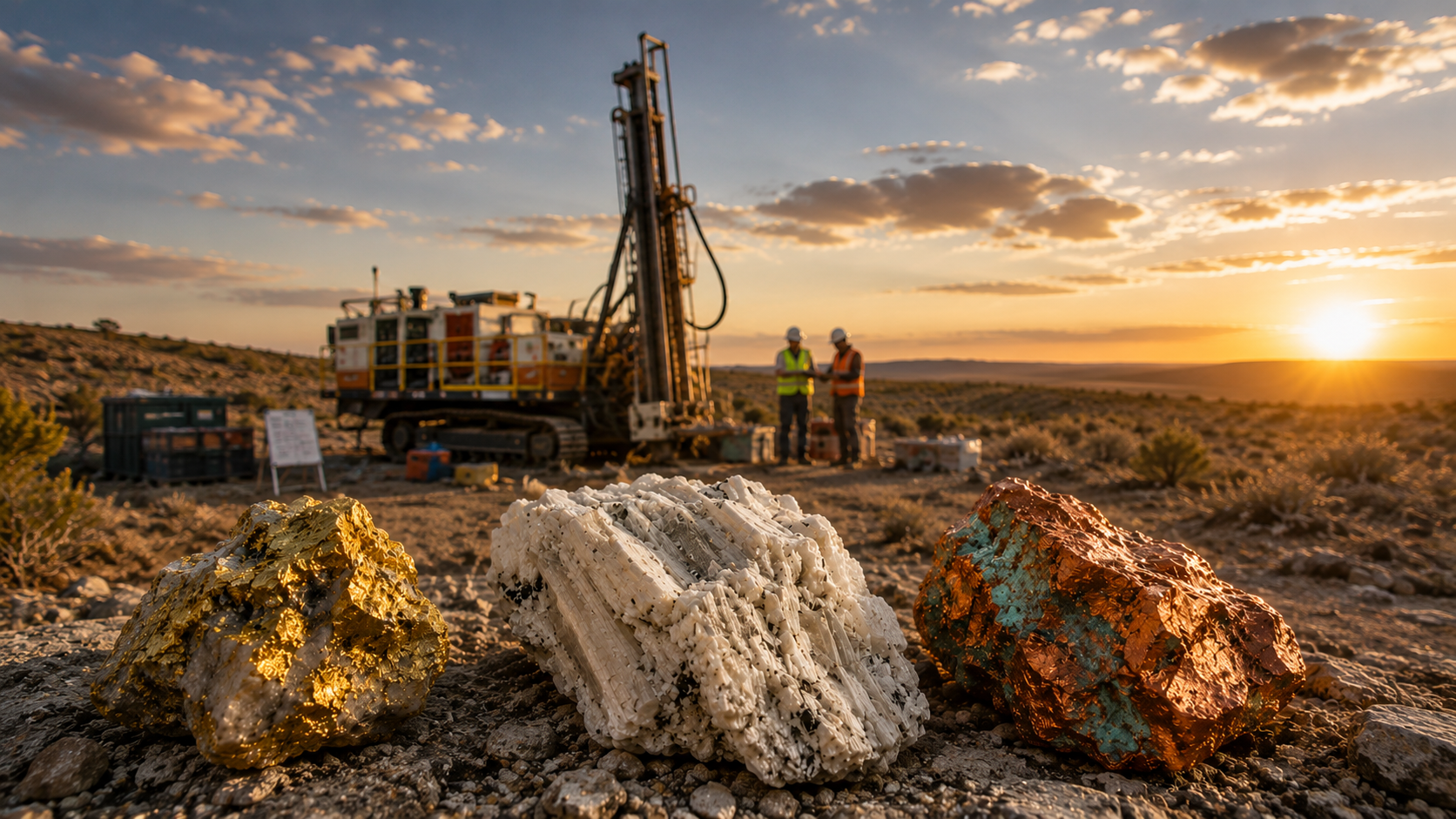 Canadian mining landscape with gold, lithium and copper minerals at sunset