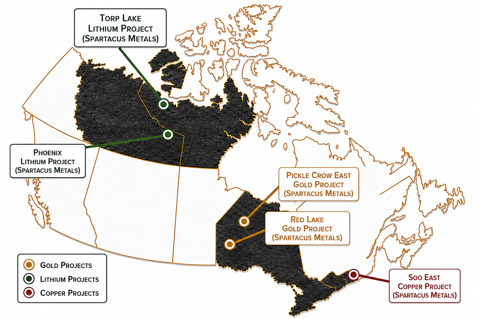 Map of Spartacus Metals projects across Canada